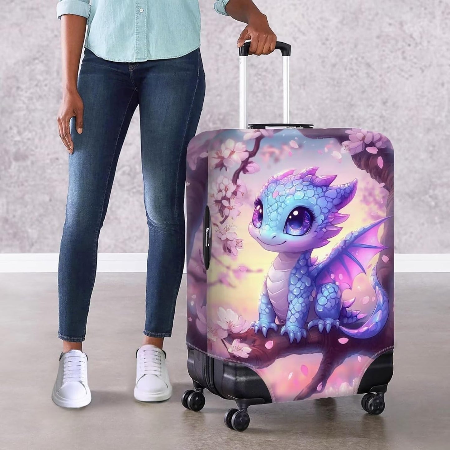 Dragon Suitcase Cover Travel Luggage Protector Washable Elastic Suitcase Covers Anti-Scratch Zip Closure Lugagge Covers for Suitcase Cherry Blossom Luggage Cover Fits 18-21 Inch, S