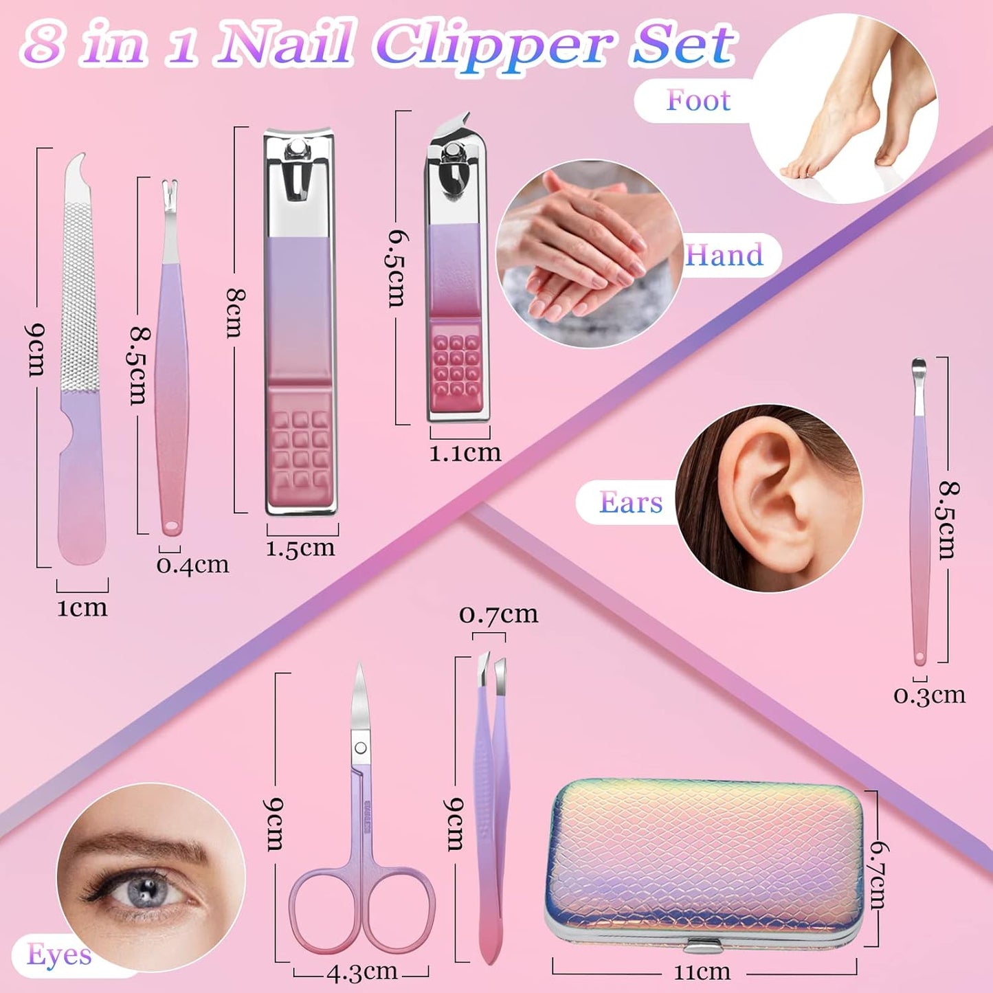 Aceoce Manicure Set Women Nail Clippers Professional Manicure Pedicure Kit Stainless Steel Nail Cutters Grooming Kit Personal Care Tools with Travel Case Gift for Women Gradual Purple