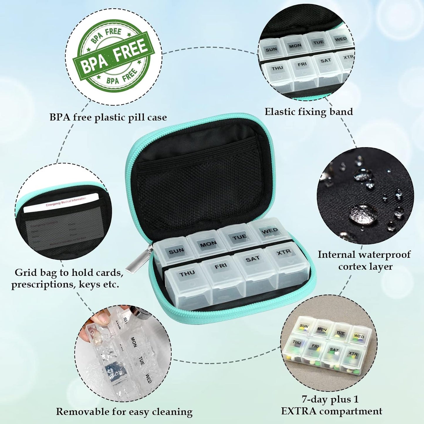 Serfeymi Weekly Travel Pill Organizer Pill Case for Purse with Removable 7 Day Pill Box, Fashionable Travel Medicine Organizer Pill Container for Medicine, Vitamin, Supplement - Green 01 + Pill Box