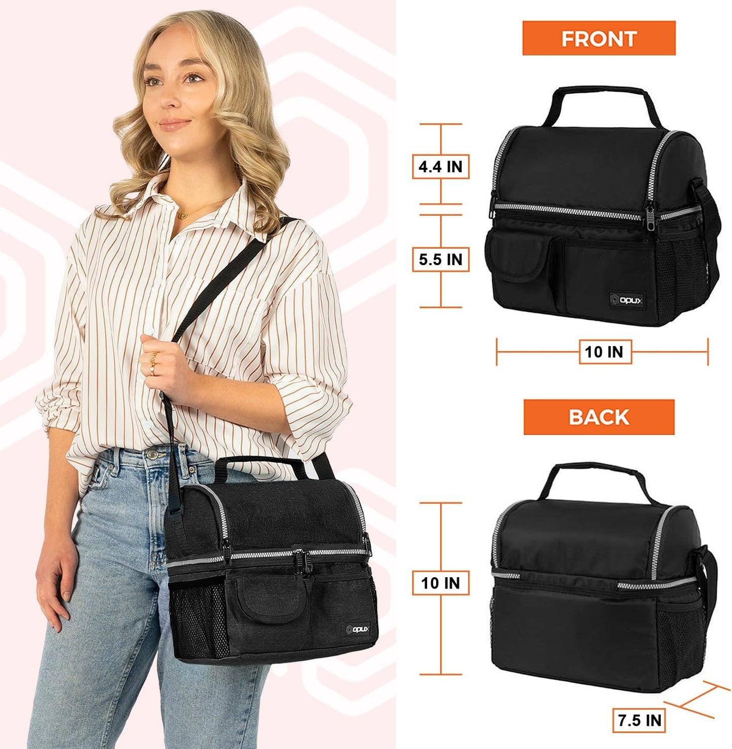 opux Lunch Box for Men, Adult Lunch Box Cooler, Insulated Lunch Bag Women, Dual Compartment Lunchbox for Work, Leakproof Double Decker Lunch Bag, Soft Lunch Pail Tote Boys Girls Kids School, Black