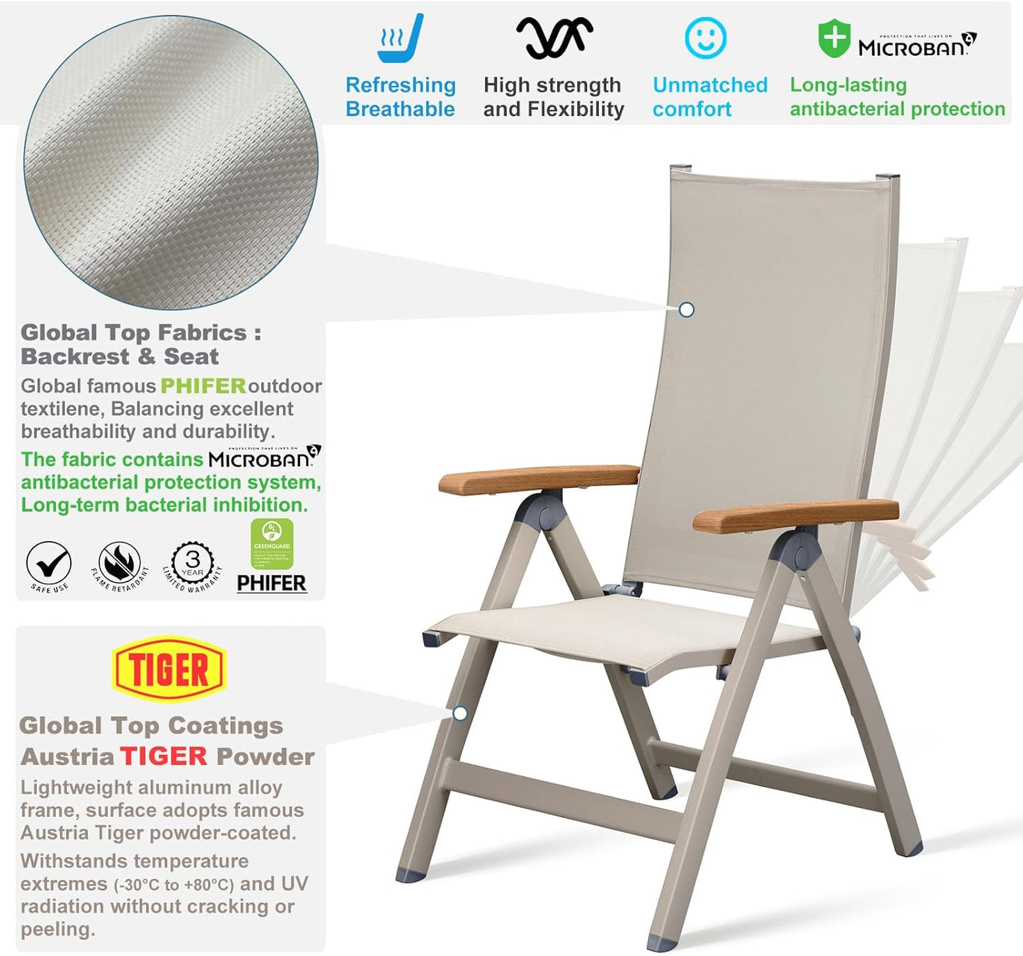 Adjustable Folding Chair, Indoor & Outdoor Balcony, Patio Porch, Garden Lawn, Pool, for Comfortable Foldable Chairs, Portable Cozy Recliner, Metal Frame with Teak armrest, Durable