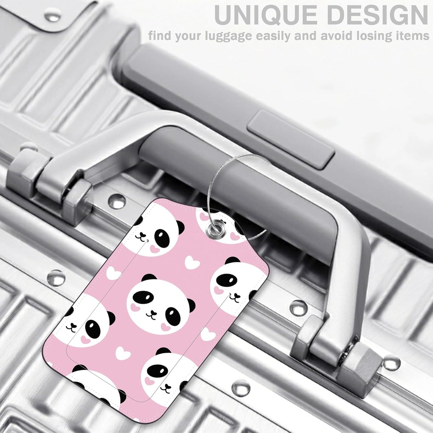 2 Pcs Cute Panda and Heart Luggage Tags for Suitcases PU Leather Baggage Tags Name ID Label with Privacy Cover and Stainless Steel Loop for Men Women Travel Bag Suitcase