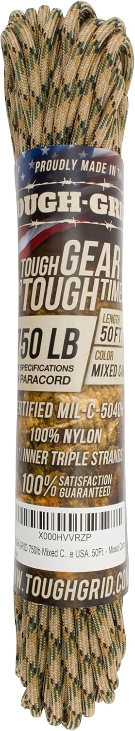 TOUGH-GRID 750 Paracord Rope Nylon Parachute Cord, Made in USA Survival Kit, Outdoor Adventures, Camping, Tactical Gear & Emergency Supplies, Military Type IV Mil-Spec