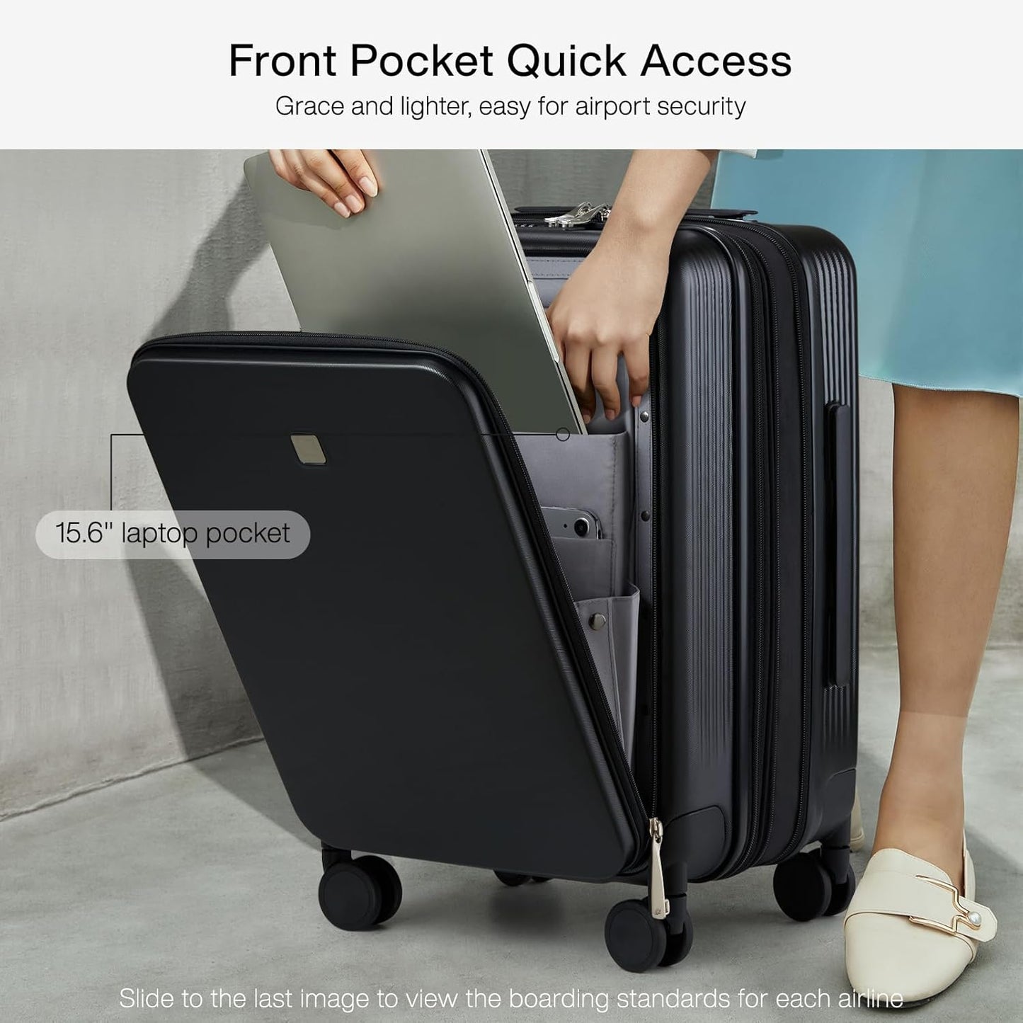 Hanke Grace Expandable Carry On Luggage with Wheels Airline Approved Hard Shell Suitcases with Front Pocket，Top Opening Luggage with TSA Lock for Short Business Travel, Jet Black.