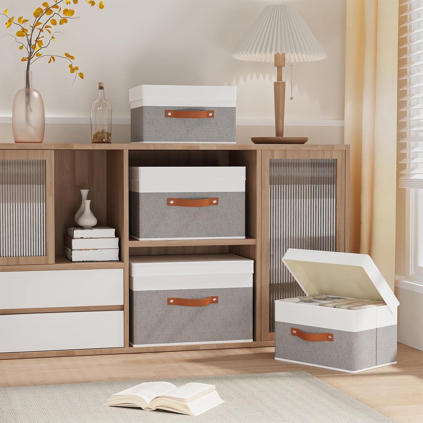 Fabric Storage Boxes with Lids, Linen Foldable Cloth Baskets, 17.7 x 11.8 x 11.8 Inch Closet Organizer Containers with Double Handles, Sweater Bins for Bedroom, White and Grey, 5 Pack