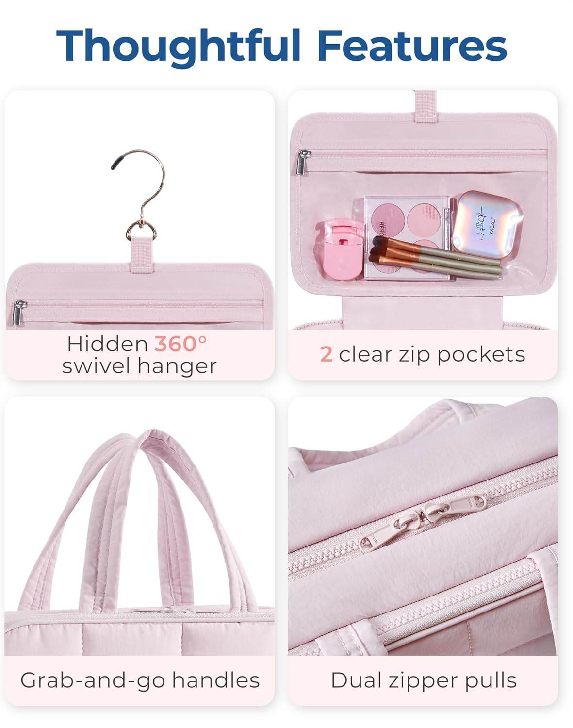 BAGSMART Travel Toiletry Bag with Jewelry Organizer, Hanging Travel Bag for Toiletries, Puffy Makeup Cosmetic Bag Organizer, Carry-on Travel Accessories Essentials, Pink-L