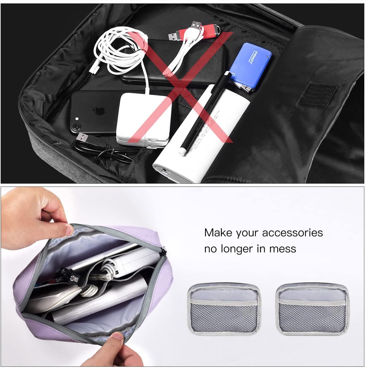 Universal Electronics Accessories Bag Pouch, 2-Pack Portable Soft Carrying Case Bag Wire Cable Organizer for Hard Drive, Power Adapter, Laptop Mouse, Cosmetics Kit, Cell Phone, Small+Big-Purple