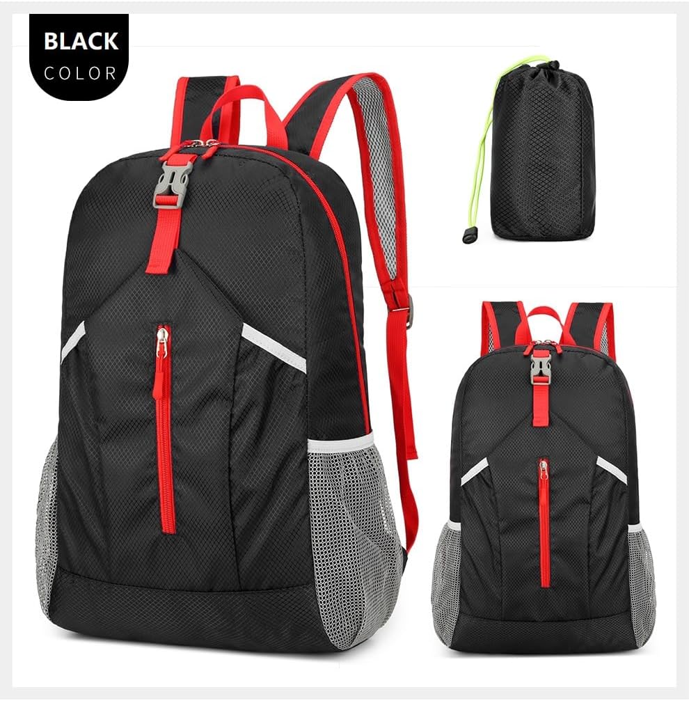 25L Hiking Backpack Foldable Sports Daypack Camping Collapsible Bag Water Repellent Lightweight Travel Men Women (Black)