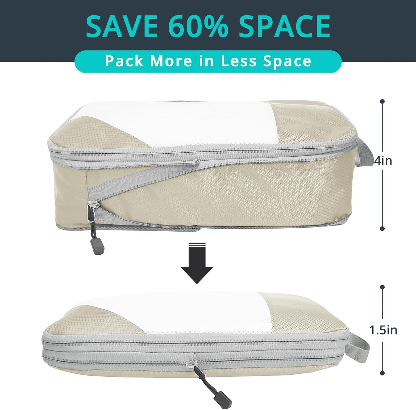 Compression Packing Cubes 3 Set, Compressible Space-Saving Packing Cubes for Travel - Compression Bags, Luggage Organizer, Travel Essentials for Women, Beige