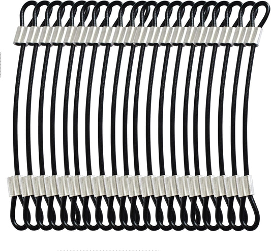 20 pcs 6 inch (15cm) 3mm Thickness Stainless Steel Wire Cable with Loops Vinyl Cover Coated Short Rope Lanyard Lock Safety Tether Chains, Black