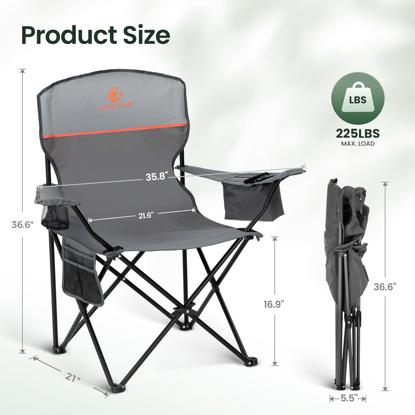 HIGH POINT SPORTS 2 Pack Portable Camping Chair for Adults, Folding Outdoor Camp Chair Lightweight Lawn Chairs Folding Collapsible Chair for Camping, Tailgates, Beach, Gray, Support 225lbs