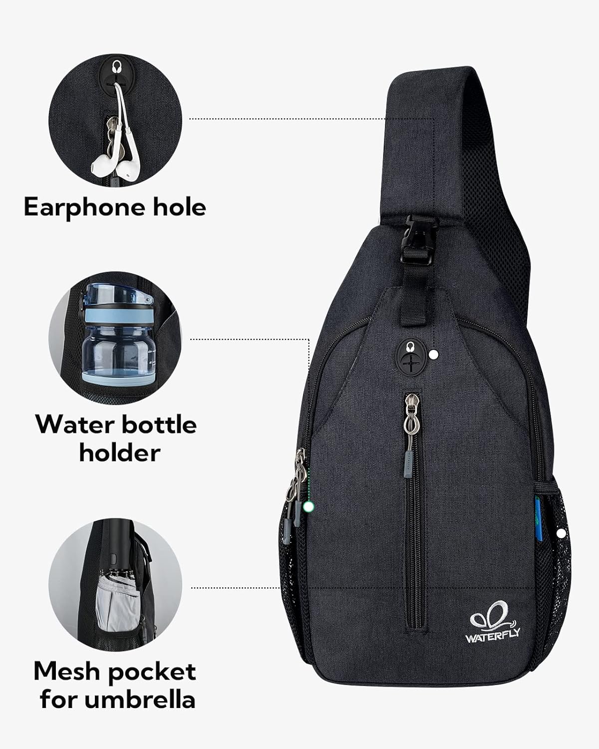 WATERFLY Crossbody Sling Backpack Sling Bag Travel Hiking Chest Bag Daypack