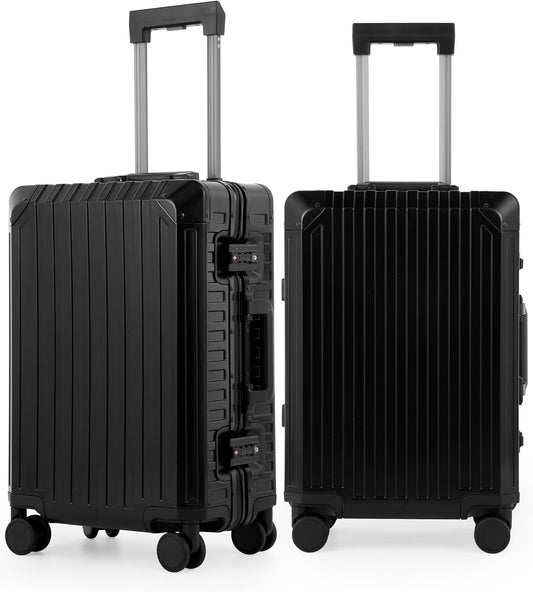 Mvst Luggage Premium All Aluminum Magnesium Carry On 20'' Lightweight Metal,Suitcase with Spinner Wheels Built-in Toiletry Set, Luggage Protector（silvery） (Black, 20inch)