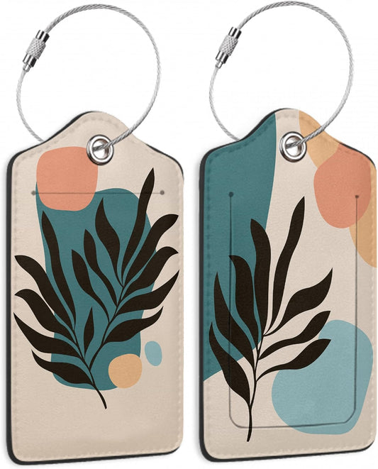 Boho Line Leaves Luggage Tags, 2 Pack Travel Cruise Tags for Suitcases,Cute Identifiers with Privacy Flap, Baggage Tags for Women Men Handbag