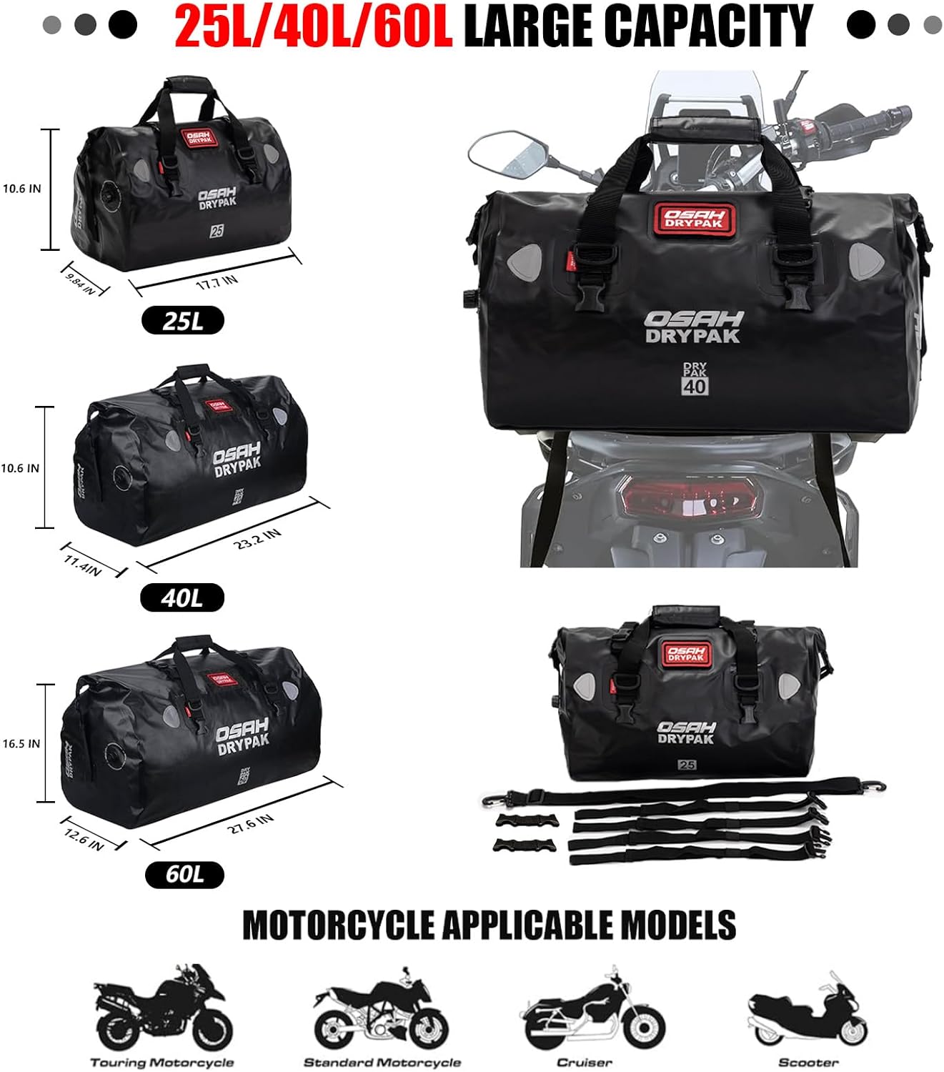 Waterproof Duffel& Luggage Bag - Motorcycle Dry Bag Tail Saddle Bags with Roll Top Closure,Large Storage Space,for Camping, Kayaking, Fishing & Traveling(Sky, 25L)