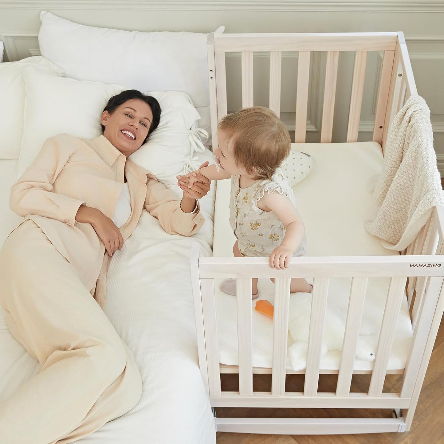 EvoNest Baby Crib, 6 in 1 Convertible Mini Crib with Wheels, 100% New Zealand Wood Growing Bed, 4 Adjustable Mattress Height, Wahsed Natural (Beige)