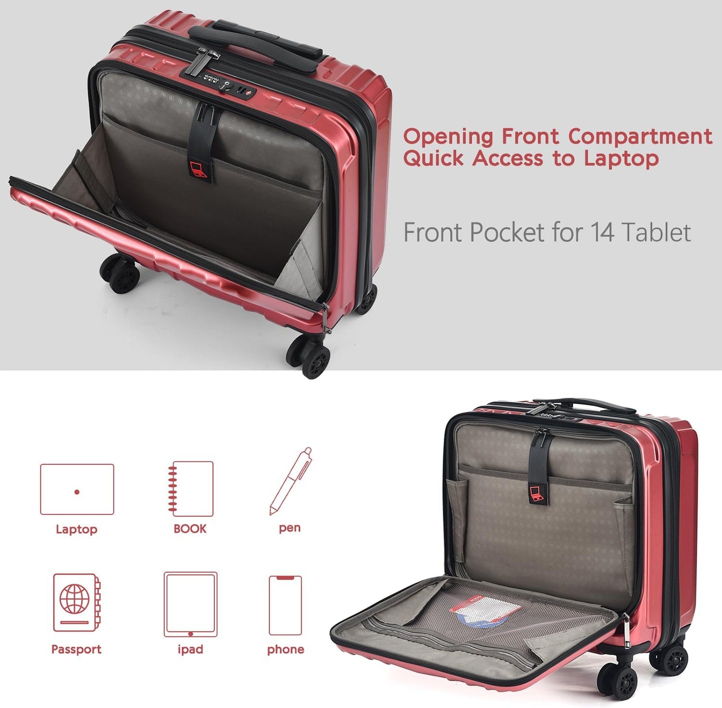 TydeCkare 16" Carry on Luggage with 2 Laptop Compartments, Lightweight Hardshell ABS+PC Suitcase with Dual Control TSA Lock, with YKK Zipper, 4 Spinner Silent Wheels, for Business Travel, Wine Red