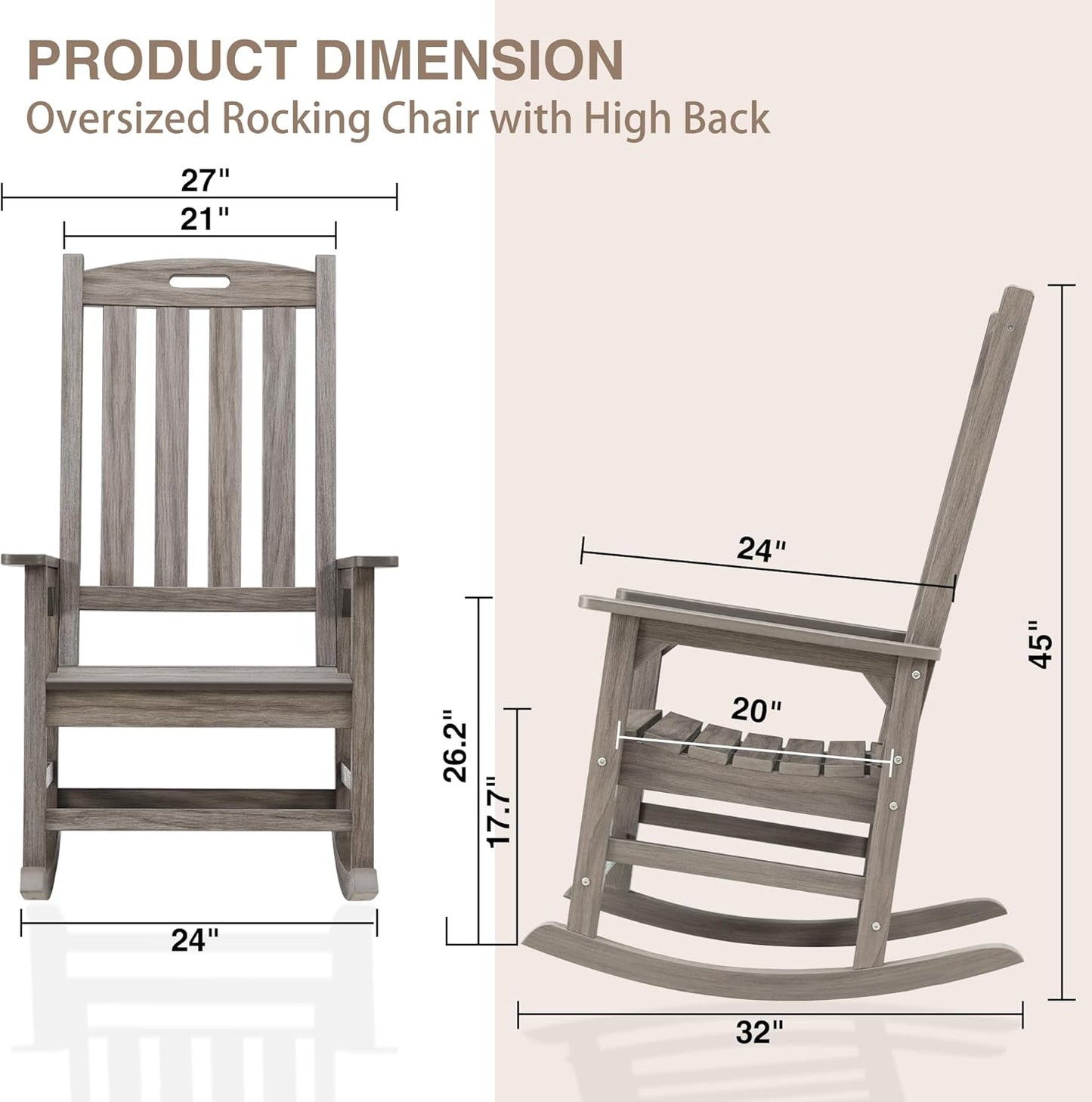 Psilvam Outdoor Rocking Chair, Poly Lumber Oversized Rocking Chair with 21" Wide Seat and 32" Tall Backrest, Pre-Assembled with Most Components for Effortless Installation(Light Gray)