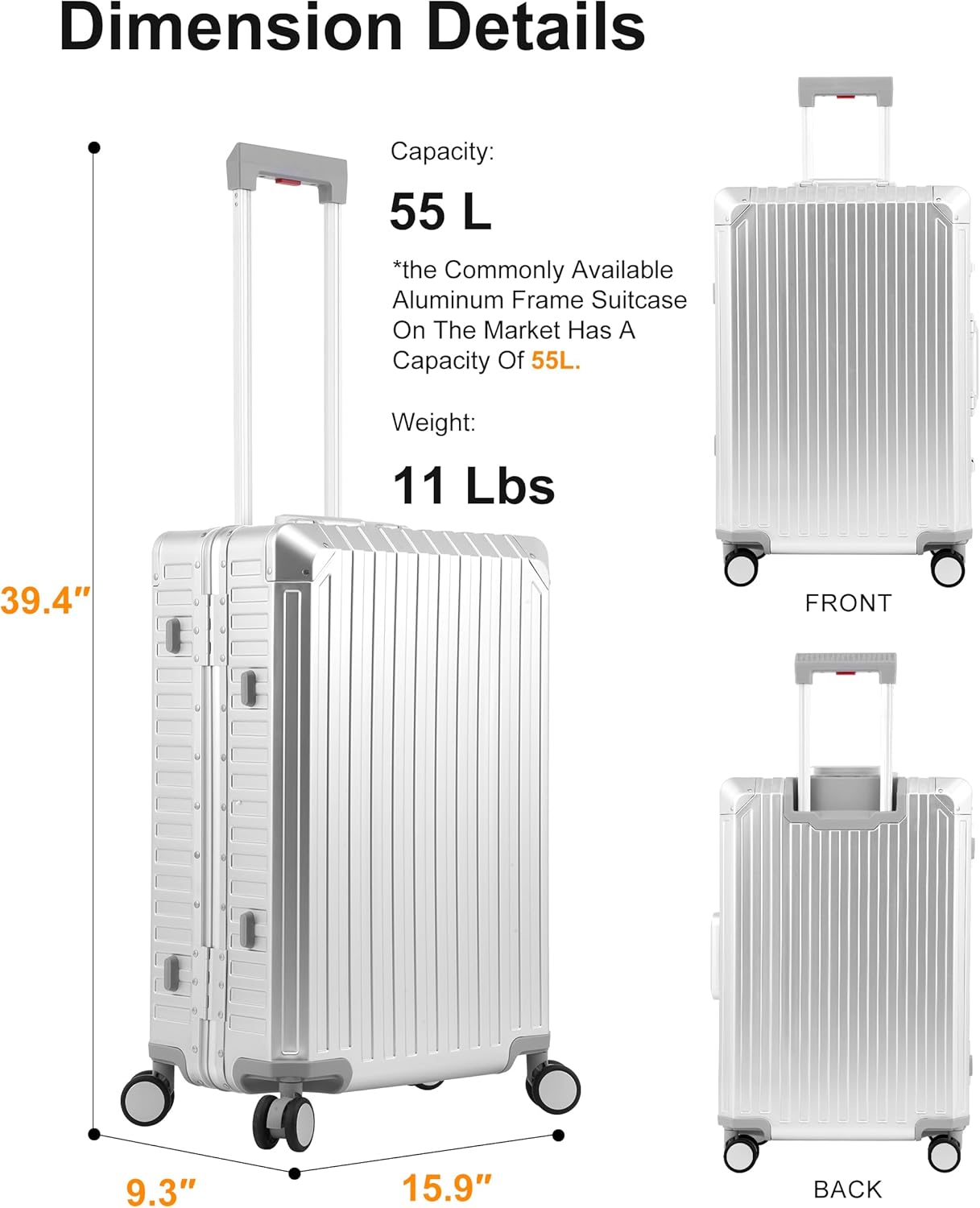 Mvst Luggage Premium All Aluminum Magnesium Carry On 20'' Lightweight Metal,Suitcase with Spinner Wheels Built-in Toiletry Set, Luggage Protector（silvery） (Silver, 24inch)