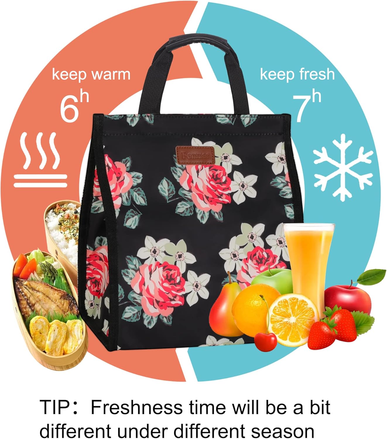Lunch Bags for Women Insulated Reusable Lunch Tote with Internal Pocket, Lunch Tote bag for Work (Flower)