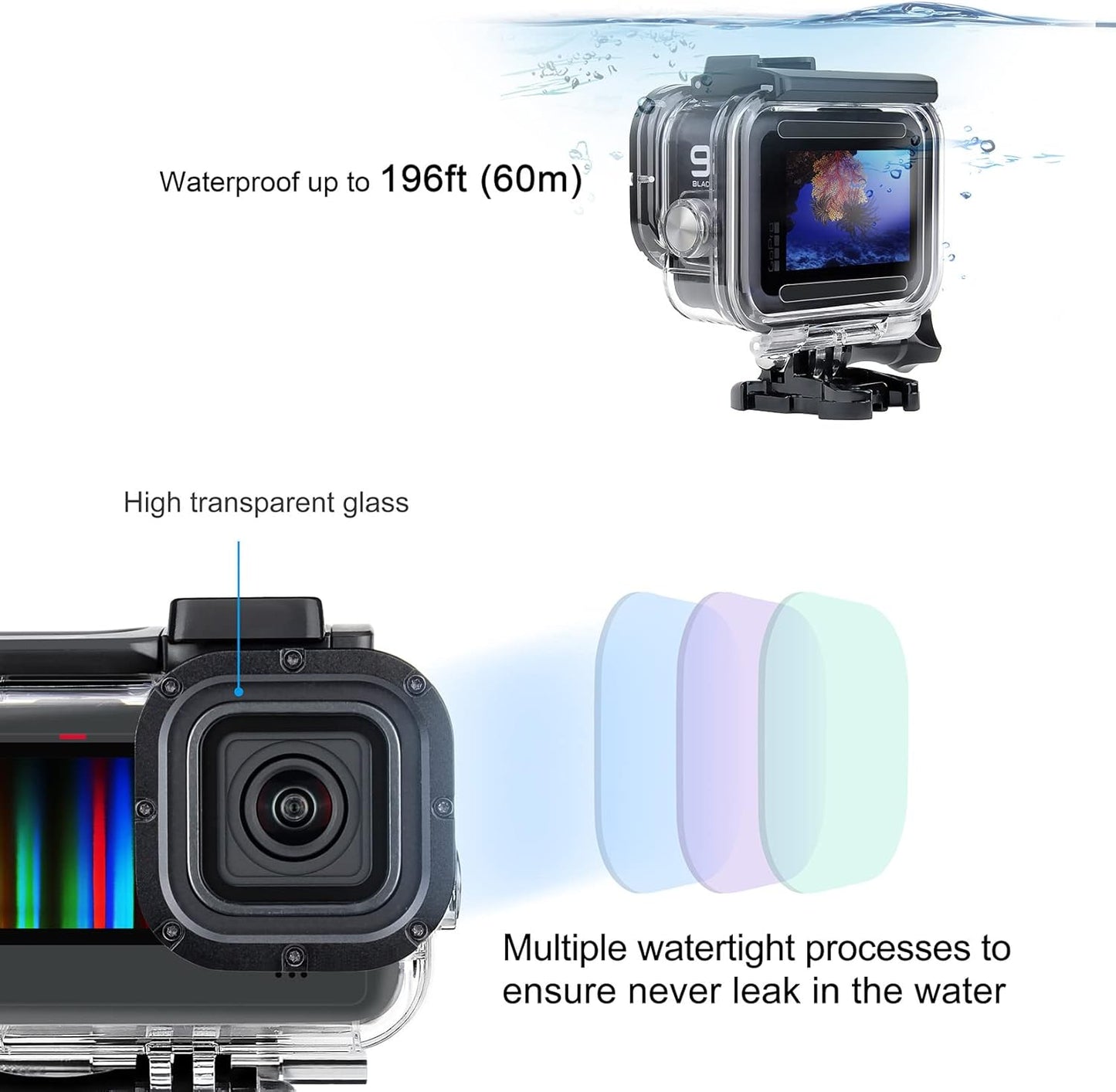 SOONSUN Waterproof Case with Dive Filters for GoPro Hero 13/12 / 11/10 / 9 Black, 196 Feet Underwater Protective Dive Housing Case with Red, Light Red, Magenta, 5X Close-up Macro Filters
