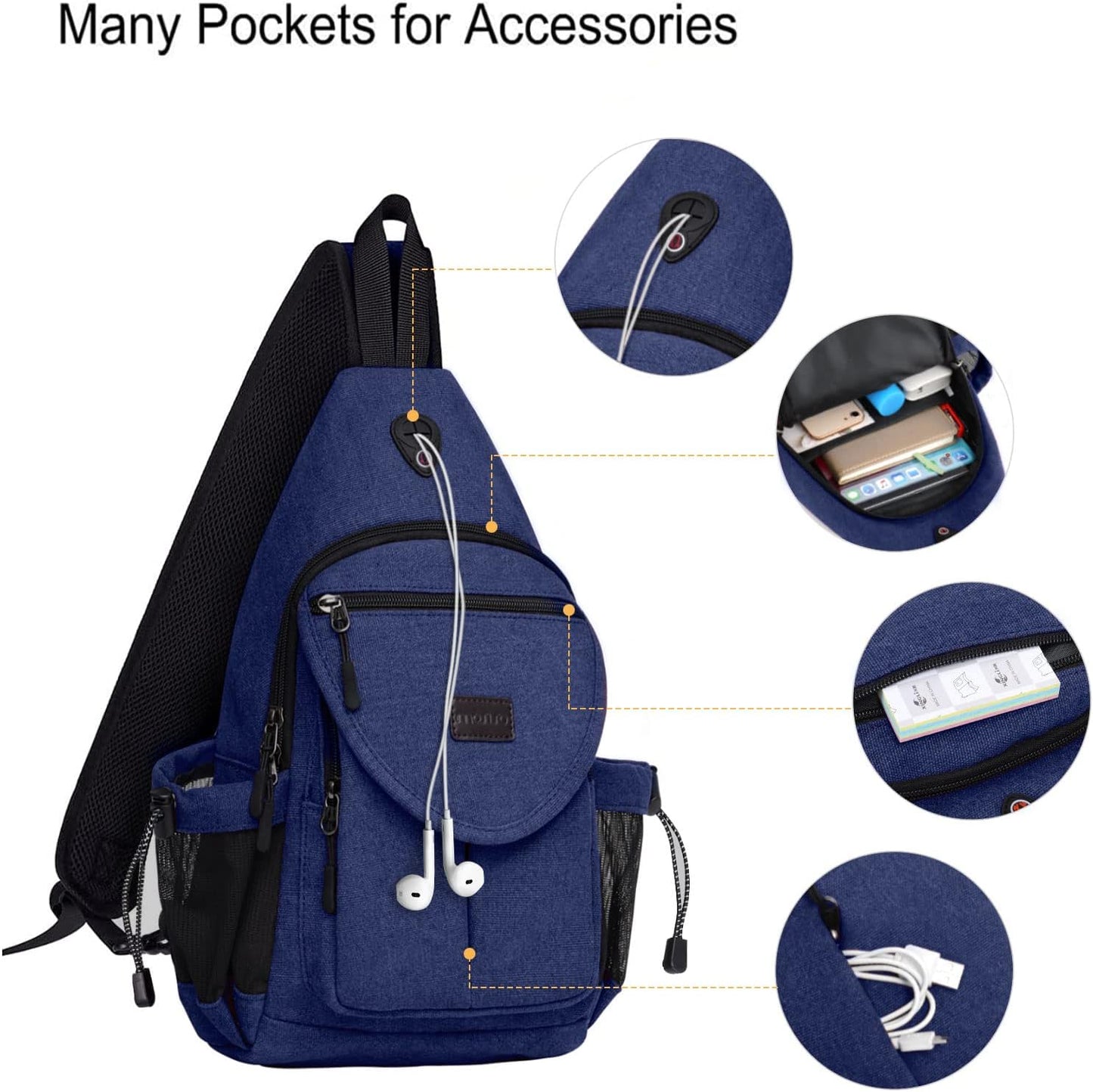 MOSISO Sling Backpack,Canvas Crossbody Hiking Daypack Bag with Anti-theft Pocket, Navy Blue