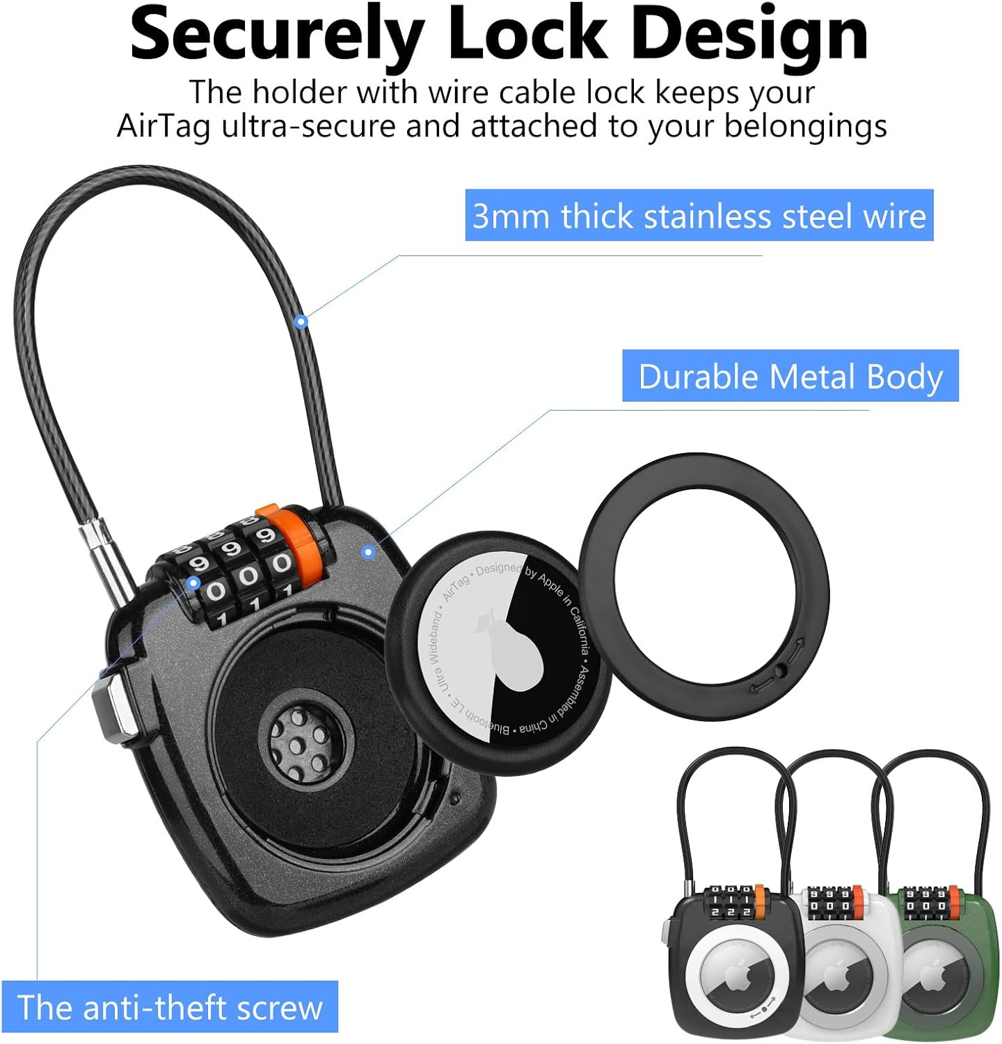 Compatible with Apple AirTag Secure Lock with Wire Cable, 3-Digit Combination Luggage Locks, Alloy Body Ultra Durable Anti-Lost Protective Case for Luggage, Bags, Suitcase, and Backpacks (BLACK)