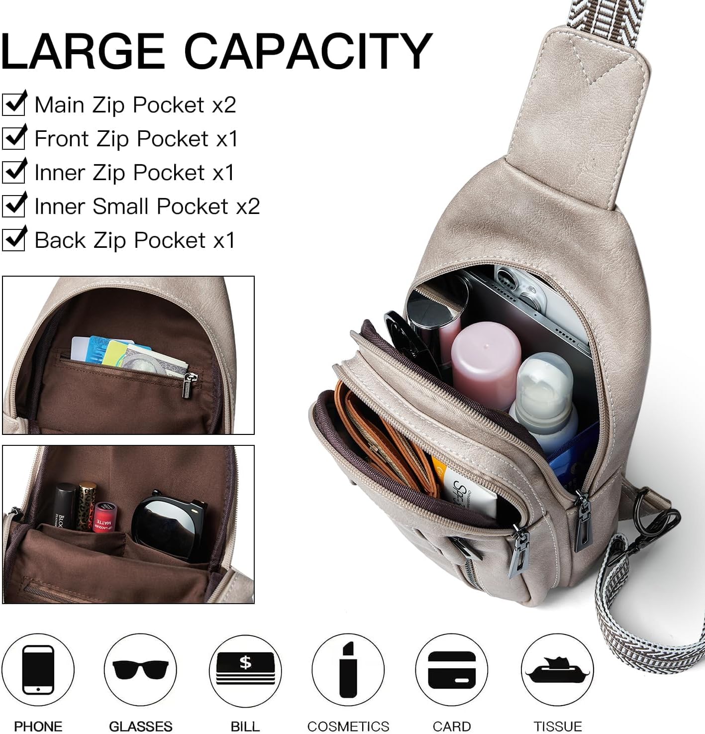 7L Sling Bag for Women Men Leather Small Sling Backpack Daypack Anti Theft Fanny Pack Crossbody Purse Travel