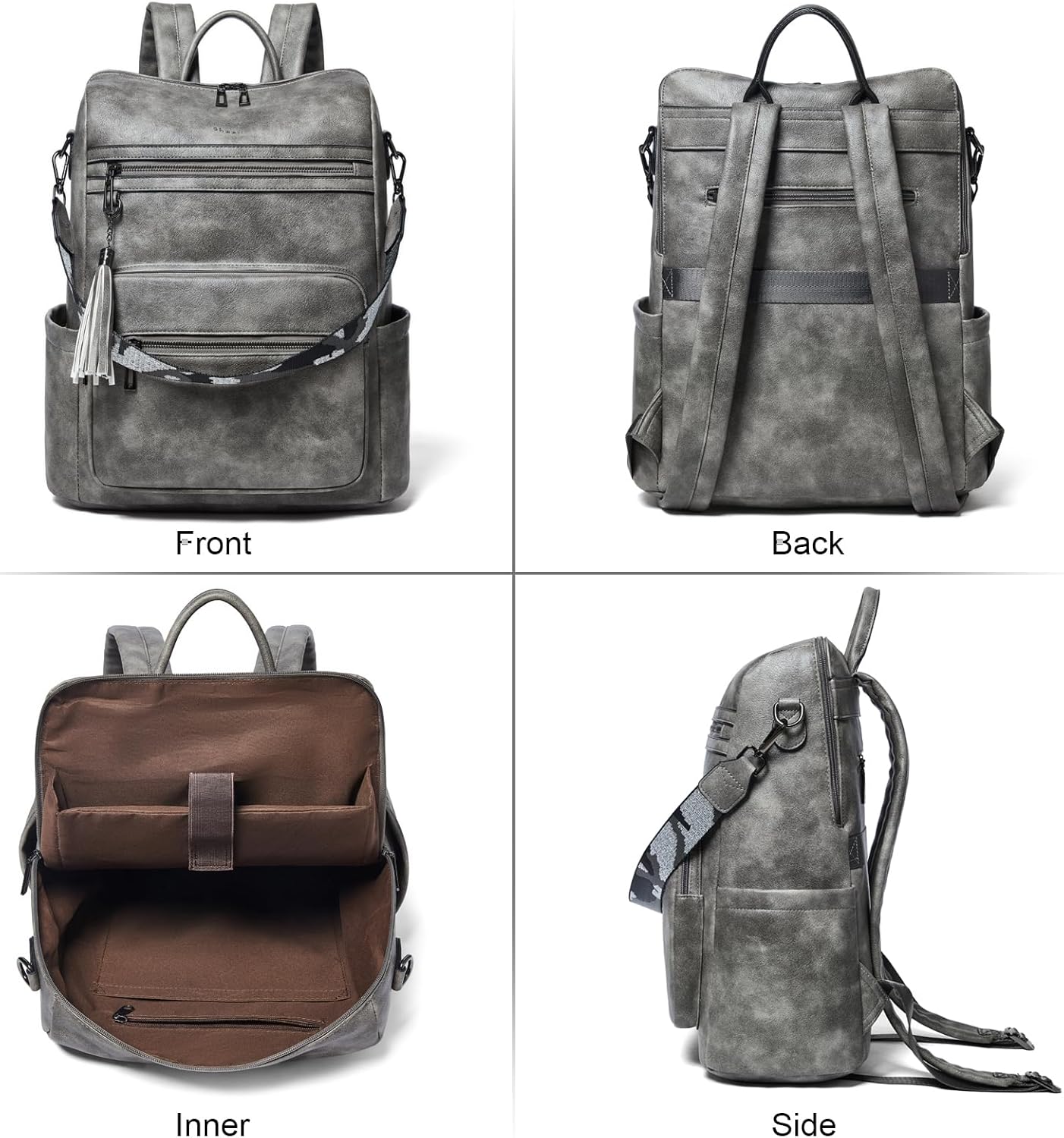 Shrrie 15.6 inch Laptop Backpack for Women,Large Leather Purse,Travel Backpacks Carry on,Water Resistant Casual Laptop Backpacks,College Backpack,Work Backpack for Women,Two-toned Deep Gray