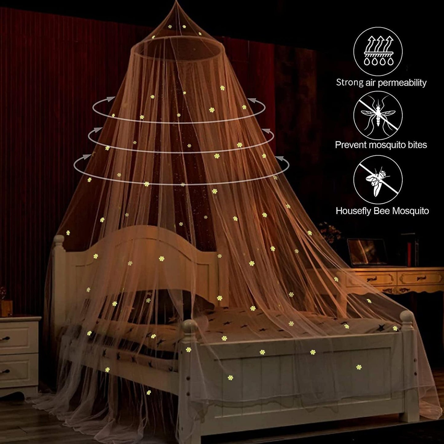 Mosquito Net for Bed, Large White Bed Canopy for Girls, Hanging Bed Net, Ideal for Bedroom Decorative, Travel with Storage Bag (Snowflake)