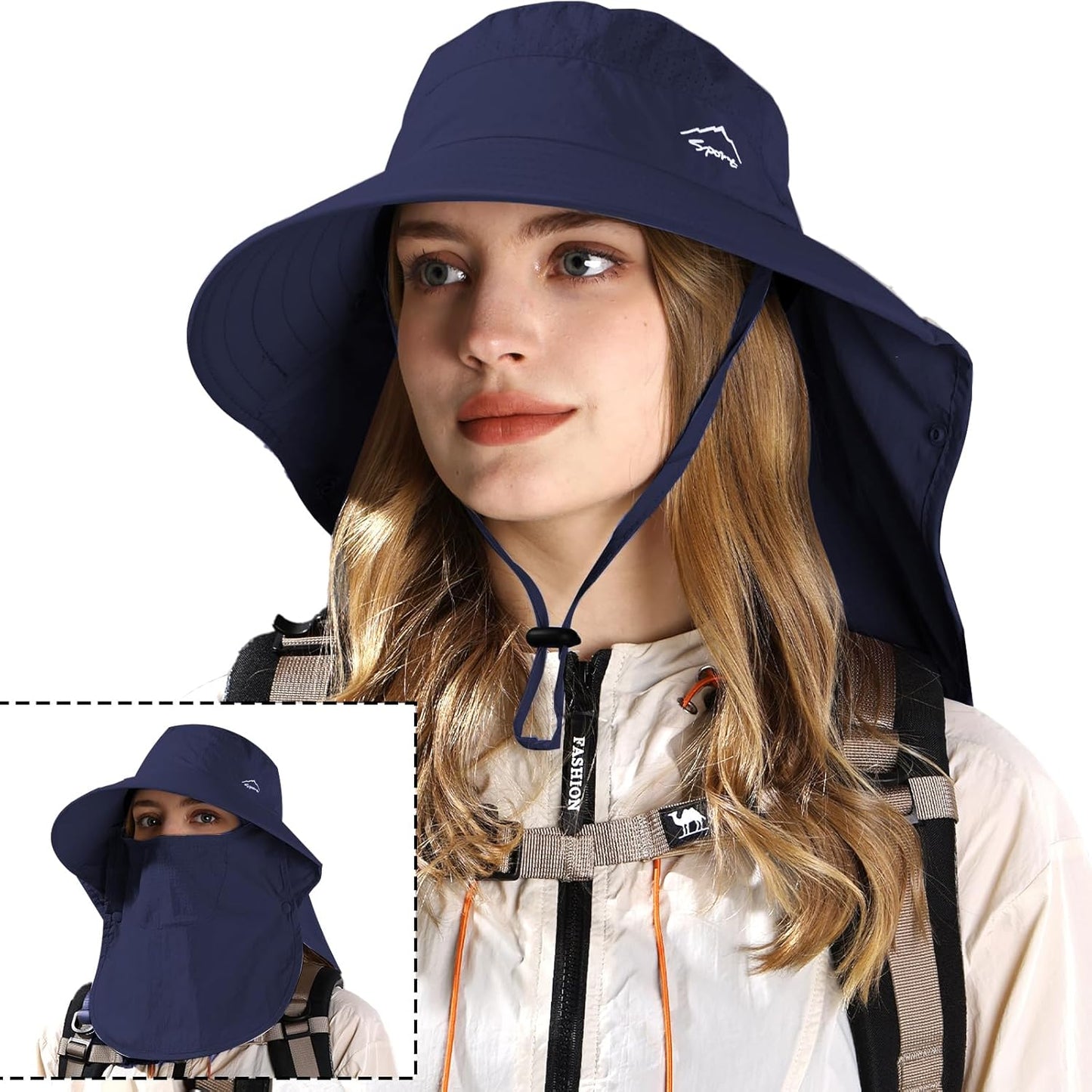 Rosoz Sun Hat for Men Women with Neck Flap,Wide Brim UPF50+ Fishing Hat with Detachable Face Cover Outdoor Sun Protection Hat