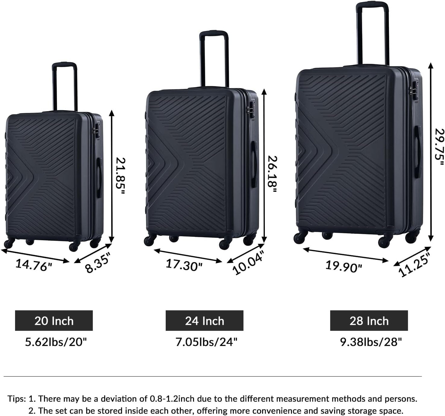 Campfun 3 Piece Luggage Sets, Hardshell ABS Luggage with TSA Lock, Carry On Suitcase Sets Lightweight Durable with 2 Hooks & Spinner Wheels, 20in/24in/28in - Black(C)