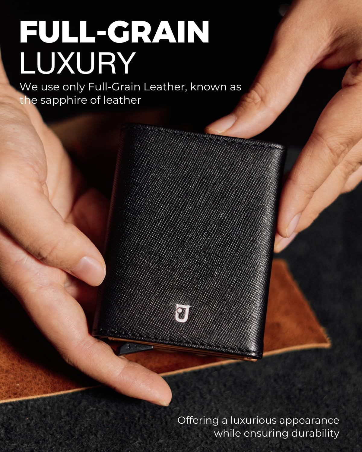 Jenoss Smart Wallet For Men: Full Grain Leather, Handcrafted, Silver Metal Pop Up Case, Slim RFID Blocking Credit Card Holder, Minimalist Compact 12 Cards Slot Organizers ID Money Clip (Black & Brown)