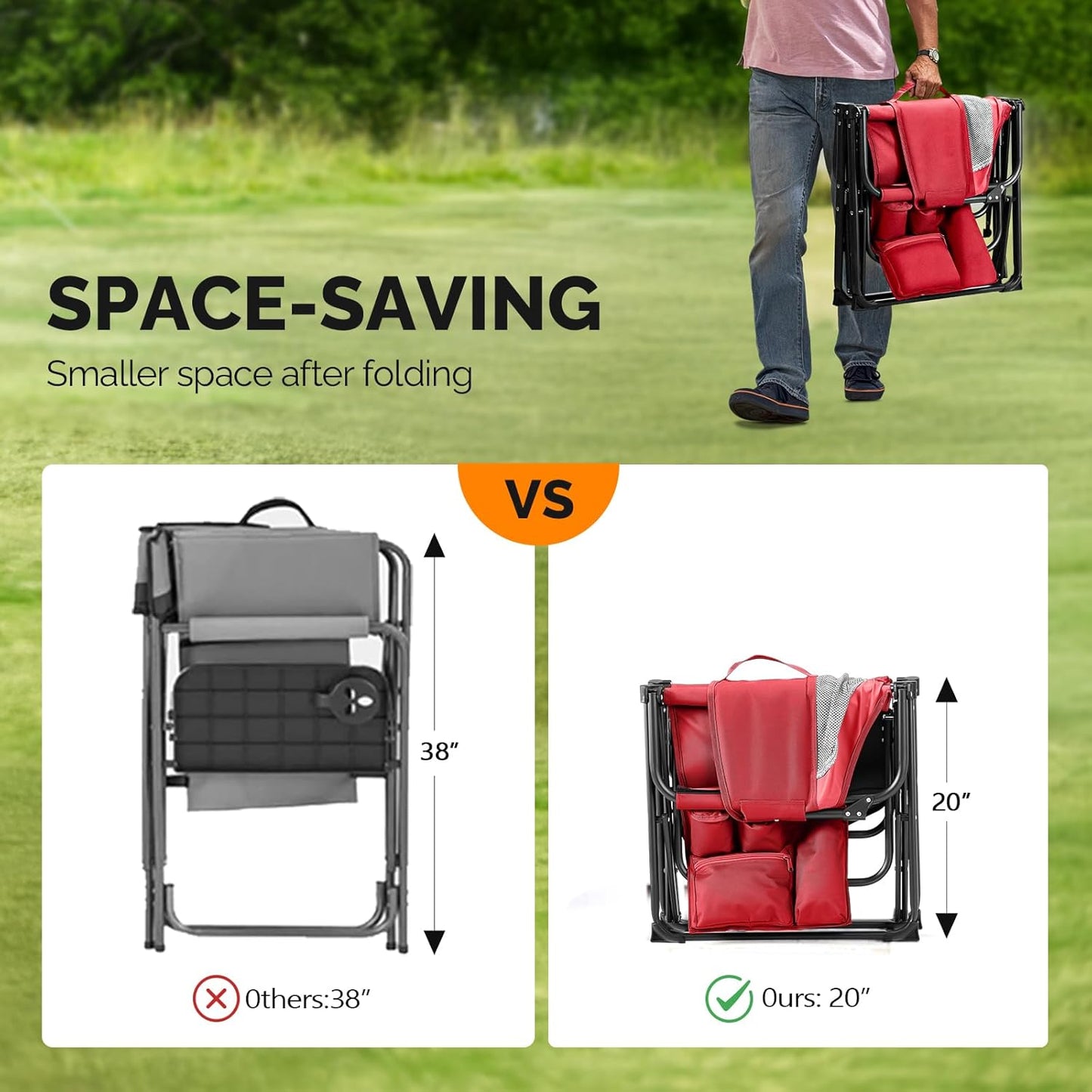 VINGLI Camping Chairs, Directors Chair, Camping Chair with Side Table & Carry Bag，Heavy Duty Camping Chairs for Adults,Portable Folding Camping Chair 2 Pack, for Beach, Fishing,Trip,Picnic,Lawn-Red