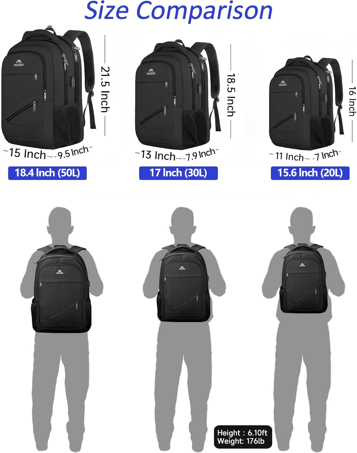 MATEIN 18.4 Inch Laptop Backpack 50 L, Extra Large Anti Theft Carryon Backpack TSA Approved, Work Business Bag with Multiple Compartments & Luggage Strap for Travel, Gifts for Men Women, Black