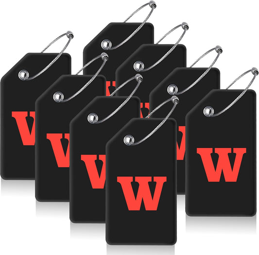 8 Pcs Luggage Tags for Suitcases, 26 Initial Letter Travel Luggage Baggage Identification Labels ID Tags Fully Bendable Tags with Stainless Steel Loop (Letter W, Black)