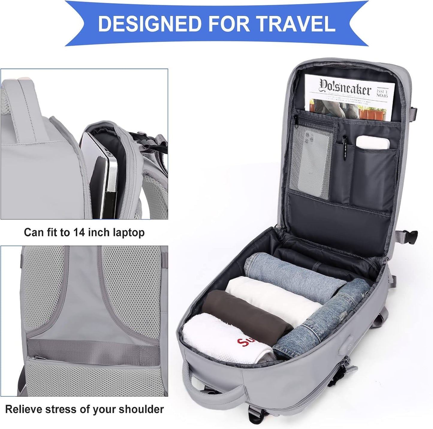 coowoz Travel Backpack For Women Men,Carry On Backpack,Hiking Backpack Waterproof Outdoor Sports Rucksack Casual Daypack Travel Essentials(Grey)