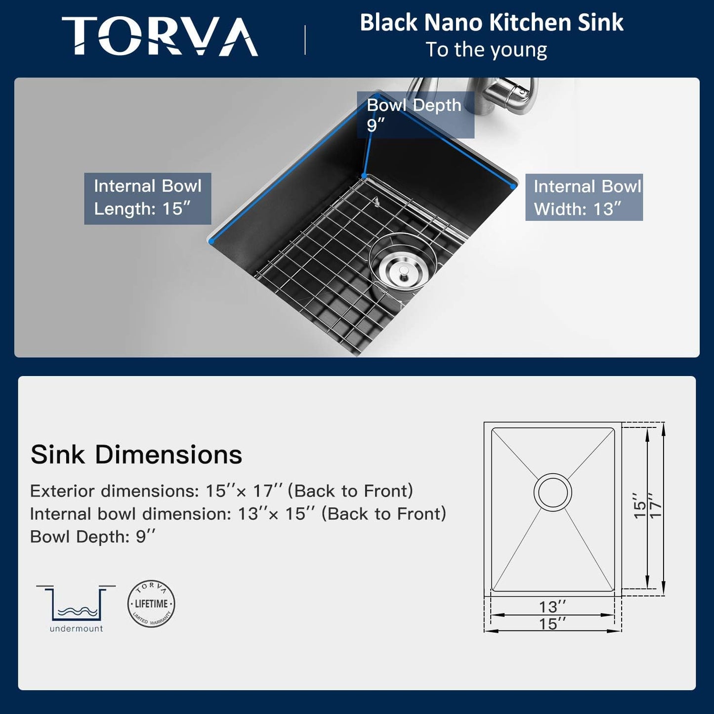 TORVA 15 x 17 Inch Gloss Black Ceramic Coating with NanoTek Undermount Kitchen Sink, PVD Coated Gunmetal Sink16 Gauge Stainless Steel Wet Bar or Prep Sinks Single Bowl, Fits 18" Cabinet,Dark Gray