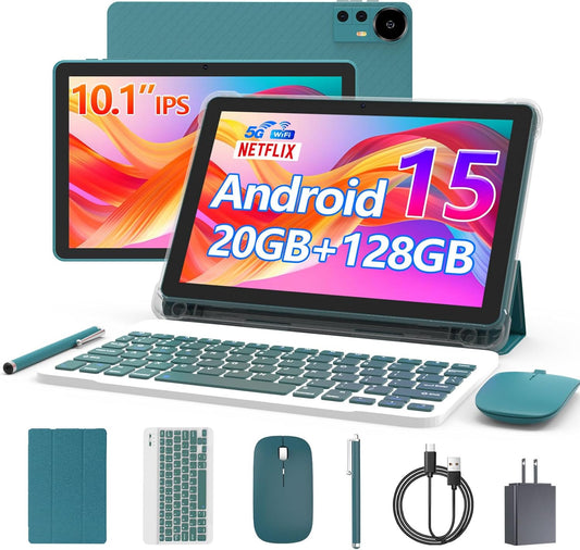 Android 15 Tablet 10 Inch, 20GB RAM+128GB ROM/ 2TB Expandable, 2.0GHz Quad-core Processor, 1280*800 IPS HD Screen, 5G WiFi 6 BT 5.0, 2 in 1 Tablets with Keyboard Case Mouse Stylus, Widevine L1