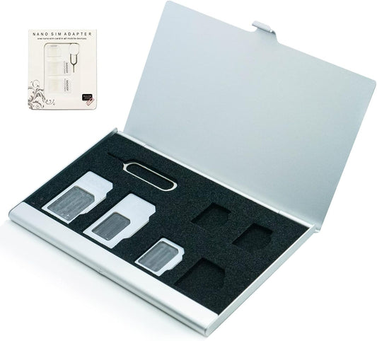 Aluminum SIM Card Case, 6Slots Ultrathin SIM Card Holder with SIM Card Adapter Kit for Travelers or Holiday Trip (6SIM+Silver)