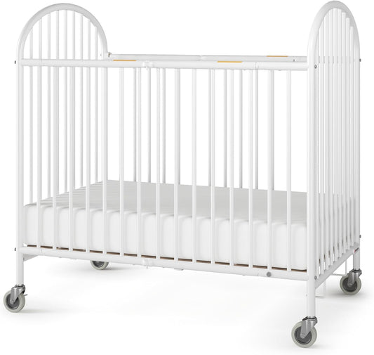 Foundations Pinnacle Folding Metal Baby Crib - Portable Hotel Crib, Easy Compact Storage, 4" Mattress, Built for Small Spaces, Heavy-Duty Construction, White