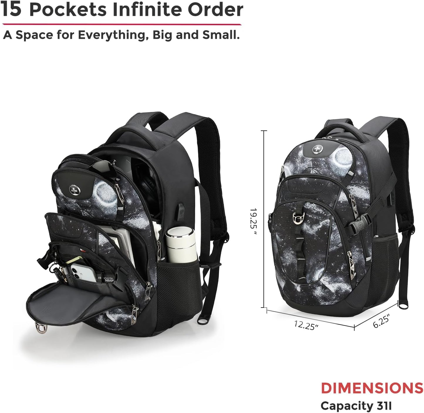 Swissdigital Laptop Backpack with USB Charging Port, Travel Backpack Fits 15.6 inches Computer, 31L Backpack for Men, Starry Sky | SD803