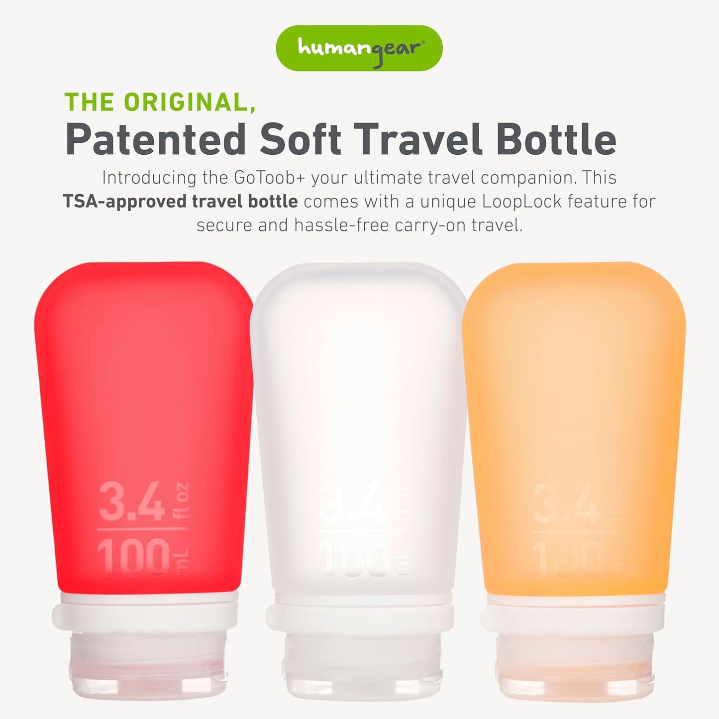 humangear GoToob+ 3-Pack (Large) | Refillable Silicone Travel Bottle | Locking Lid | Food-Safe Material, Clear/Red/Orange, Large (3.4 fl.oz.; 100ml)