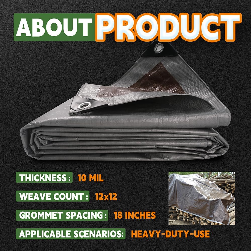 RAINDEWAY Tarps Heavy Duty Waterproof 7x7 Feet, 10Mil Multipurpose Poly Tarp Cover with Metal Grommets and Reinforced Edges, Silver/Brown Tarp