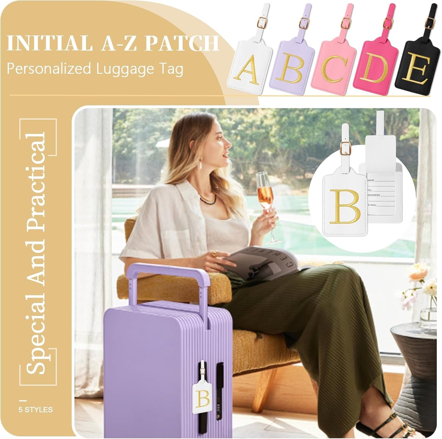 Personalized Initial Luggage Tags for Suitcase TSA Approved, White Leather Cute Luggage Tag with Privacy Cover Name Card, Embroidered Custom Luggage Tags Travel Baggage Tags Gifts for Women Kids(B)