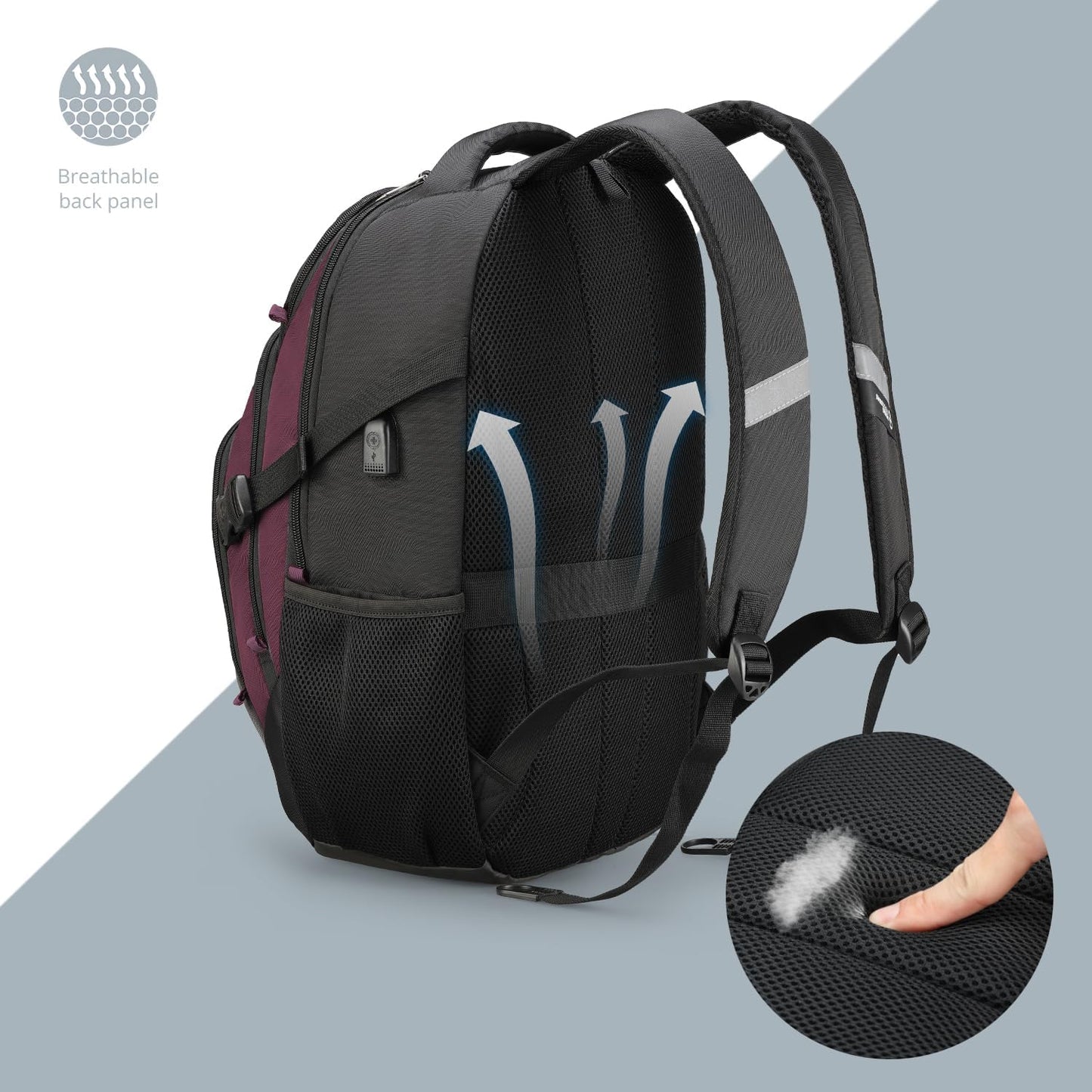 Swissdigital Design Laptop Backpack with USB Charging Port, TSA Travel Backpack Fits 15.6 inches Computer, 31L College School Backpack for Women, Burgundy/Black | SD803