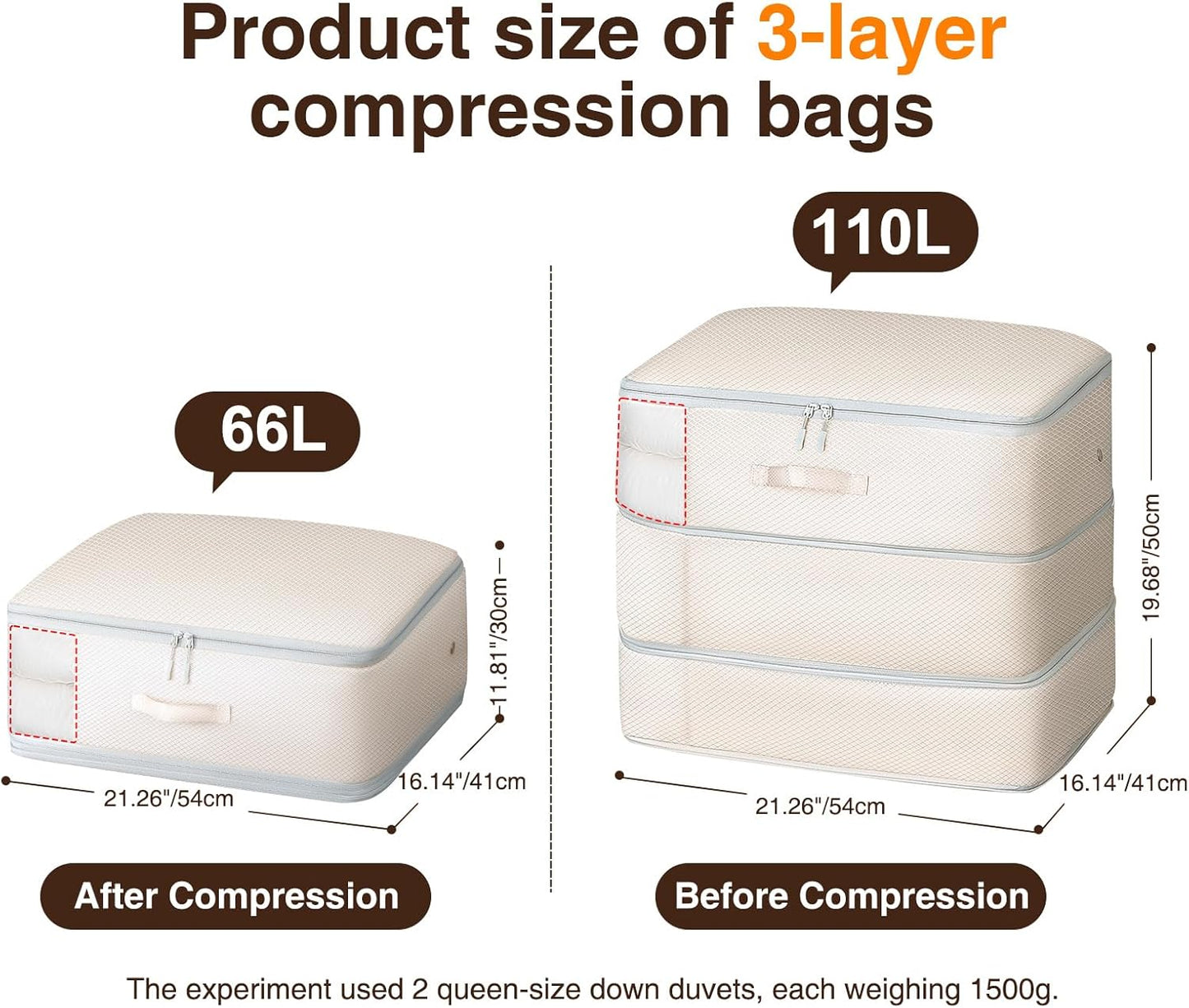 6 Pack Compression Storage Bags - 110L Large Capacity Comforter Storage Bag, 3-Layer Washable Ultra Space Saving Self Compression Organizer Space Bags for Blankets, Sweaters, Sheets, Beige