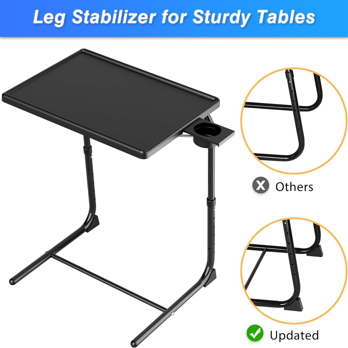 Allpop TV Tray Table, Adjustable TV Dinner Tray for Eating, Folding Laptop Table with 6 Heights & 3 Tilt Angles, Cup Holder on Couch & Bed, Black
