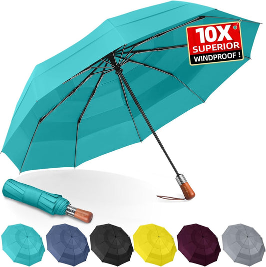 3T Wind Armor Travel Umbrella Compact Easy Auto Open Close Folding Umbrellas for Rain Windproof Umbrella for Women and Men Durable Real Wood Handle Portable Fits Backpack Car