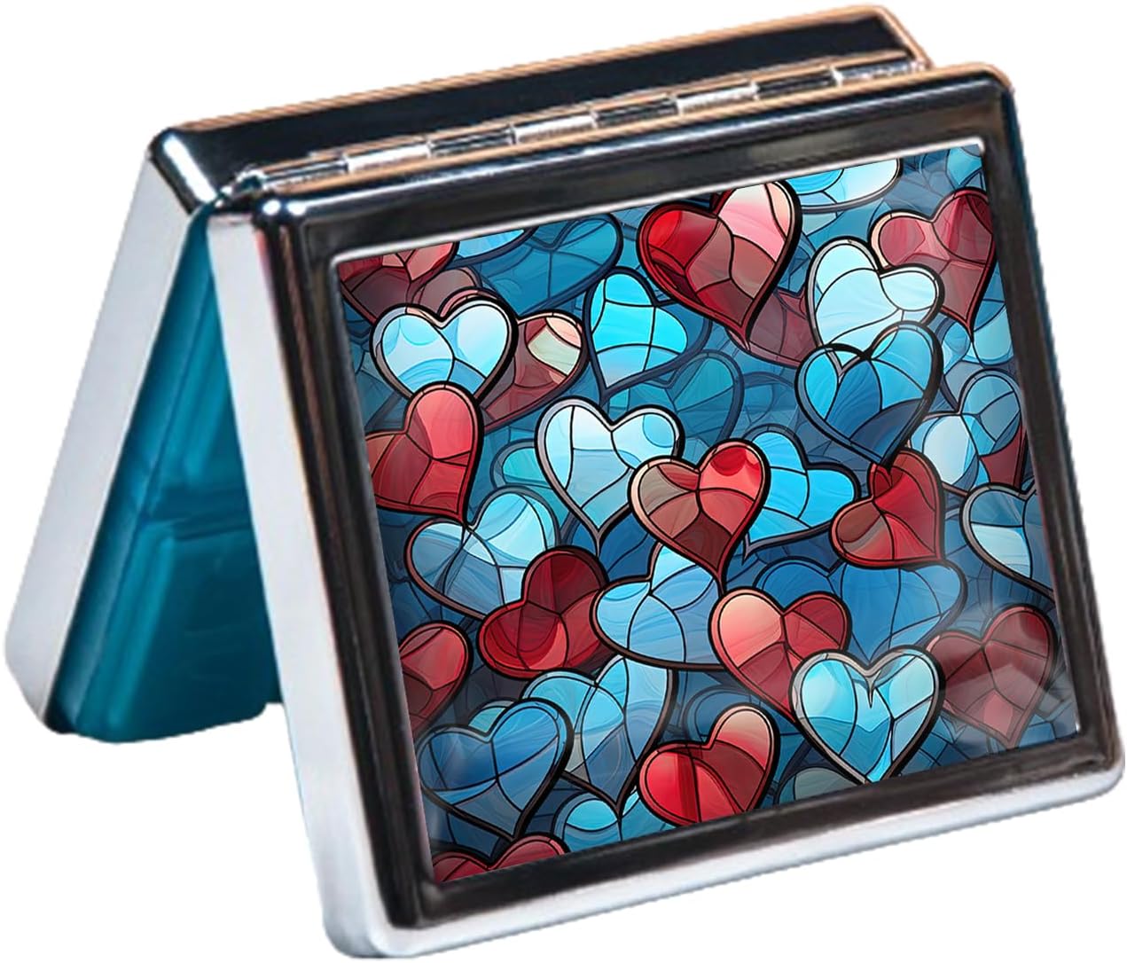 Silver Vintage Pill Box 7 Day Metal Pill Box with Mirror and 8 Compartments Cute Travel Pill Organizer for Purse (Colorful Heart)